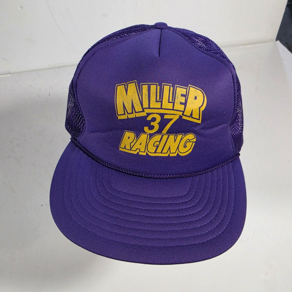 Vintage San Sun Miller 37 Racing Trucker Hat Purple Yellow Mesh Snapback Cap
